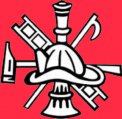 Logo of fire helmet with a ladder, a hammer, a fire pole, and a hook crossed through it to make a star shape behind the helmet.